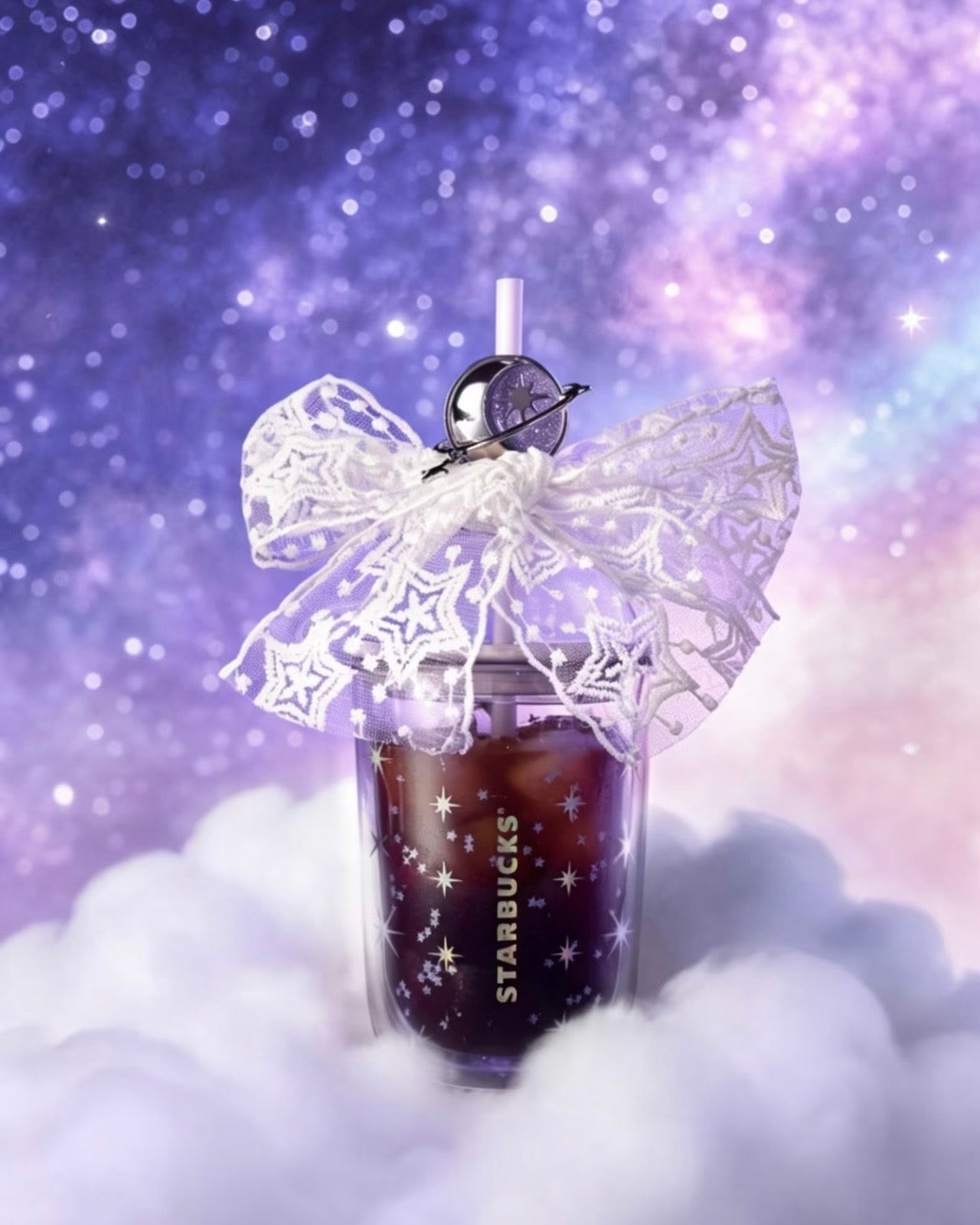 Starbucks China Violet Night Galaxy 13.5 oz Lace-Decorated Double-Walled Glass Cold Cup